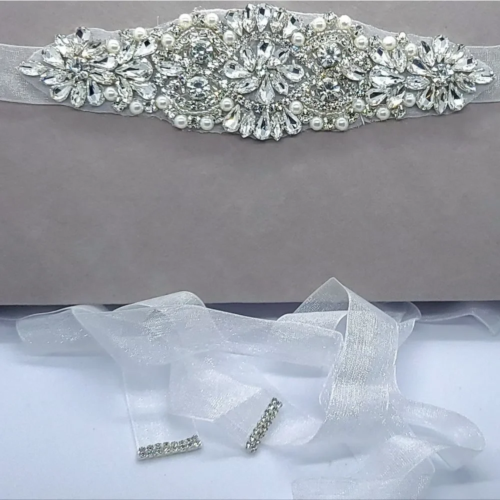 Rhinestone Pearl Bridal Belt Sash Crystal Wedding Dress Waist Tie Plus 109